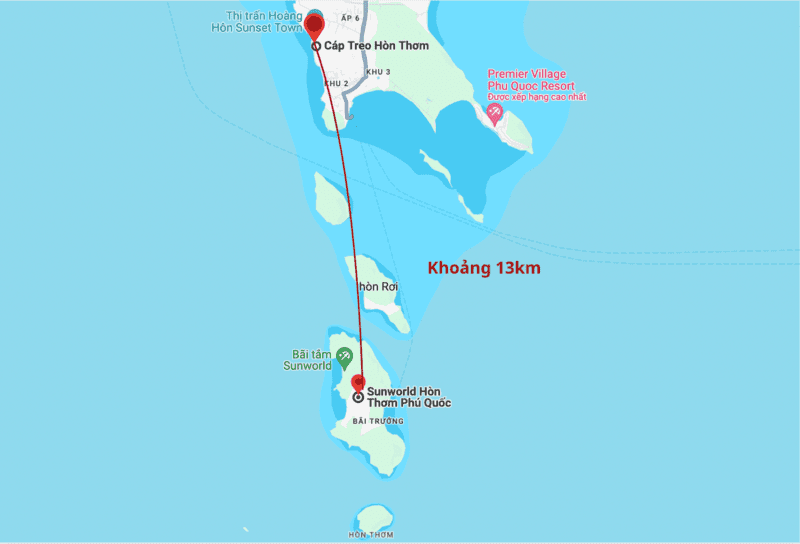 Từ ga Ánh Dương, du khách sẽ đi cáp treo vượt biển khoảng 13km để tới ga Hòn Thơm